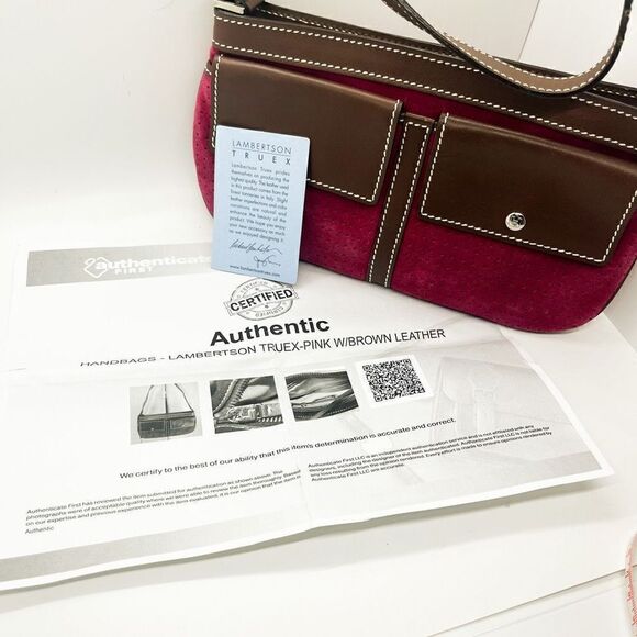 Lambertson Truex Shoulder Bag Pink Suede Brown Purse COA - Picture 3 of 7